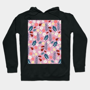 Spring meadow in bloom with ladybirds on dark pink background Hoodie